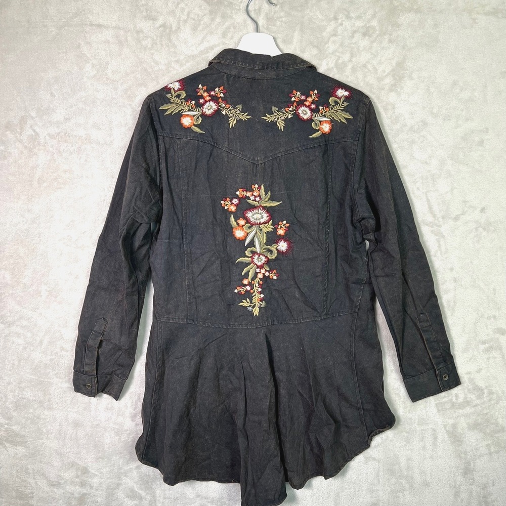 Nostalgia Womens S Floral Embroider Black Acid Wash Long Sleeve Tunic Shirt Boho